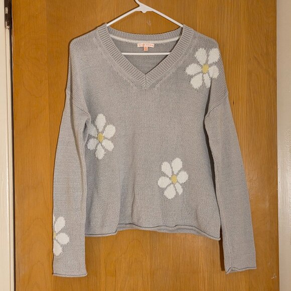 Lisa Todd V-Neck Pullover Sweater Size S Cotton Blend Gray Daisy Boxy Oversized - Picture 1 of 8